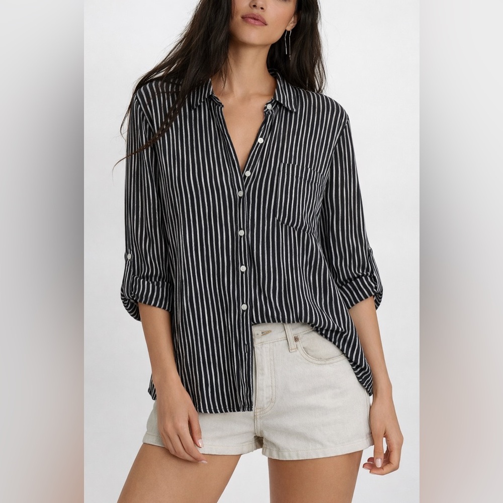 New Direction | Woman |Black & White Striped Button Down Blouse